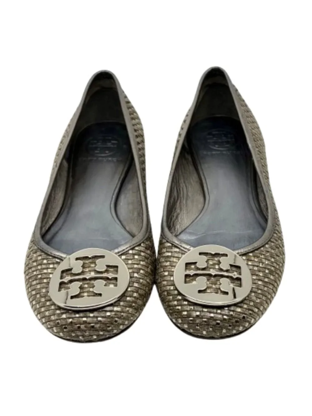 TORY BURCH~Reva Woven Metallic Ballet Flats~LEATHER SHOES in PEWTER & SILVER